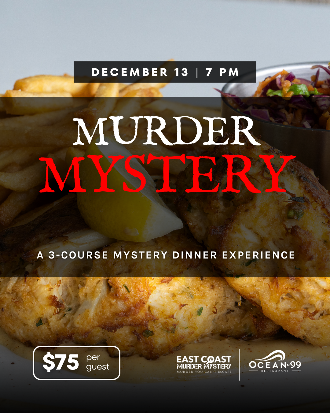 Murder Mystery Flyer with Crab Cakes and Event messaging